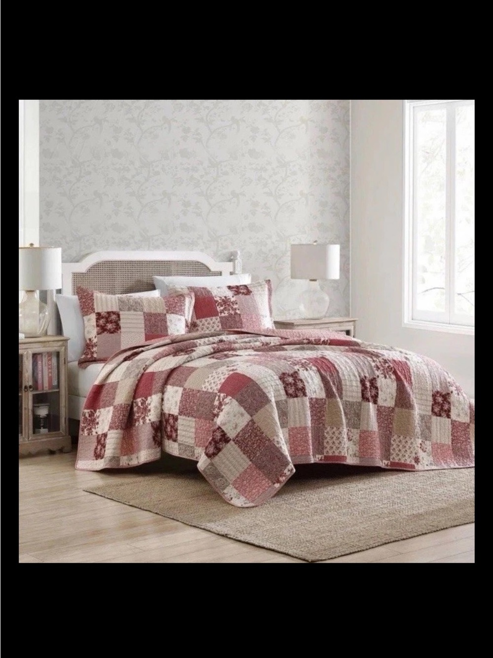 Laura Ashley Celina Full Queen Red Patchwork 3 Pc Cotton Quilt Set NWT